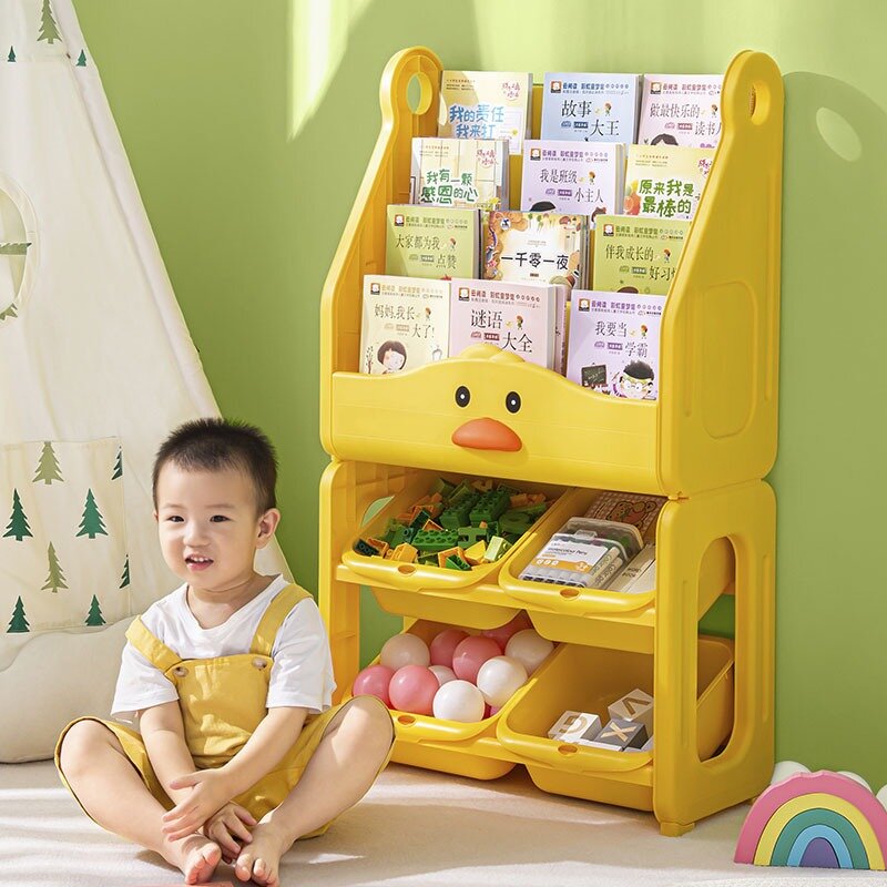 4-poziomowy regał dla dzieci w kształcie żółta kaczka, regał dla dzieci do pokoju dziecięcego, półka podłogowa w domu, plastikowe półka do przechowywania typu „ wszystko w jednym”