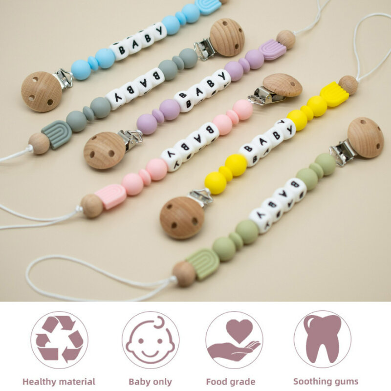 JOSilicone-Attache-sucette en bois avec nom personnalisé pour bébé, anneau de dentition pour nouveau-né, jouets de dentition, cadeaux personnalisés