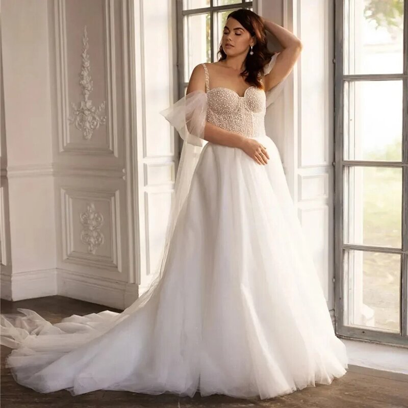 Gaun pernikahan ukuran besar A Line gaun pengantin Sweetheart tali jubah Tulle taman jubah de mariage untuk pengantin