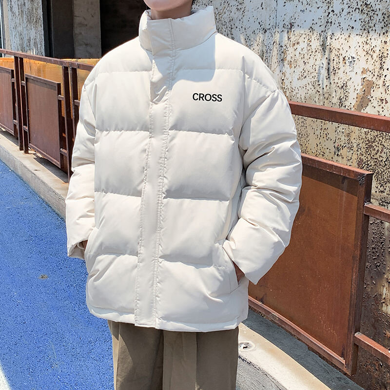 Novo inverno masculino solto parka carta padrão casual moda gola engrossado quente jaqueta masculina acolchoado preto branco