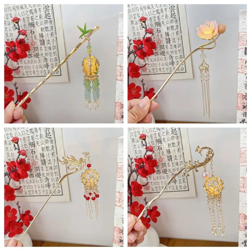 Pasador de pelo con borla para mujer, palo de pelo Hanfu con flor de loto, palillos de Metal, estilo chino