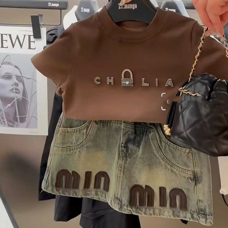 女の子用半袖Tシャツとデニムスカートのセット,韓国のファッション,インターネットセレブ,新しい夏のコレクション,2個