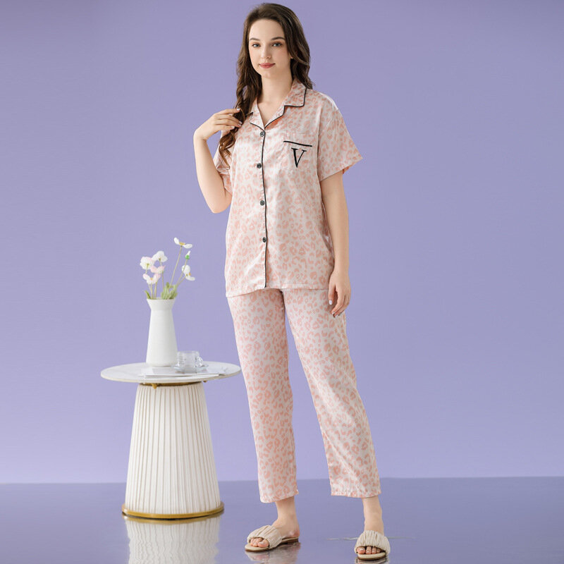 Conjunto de pijamas com estampa de leopardo feminino, pijamas de seda falsa, manga curta, primavera, verão, 2 peças