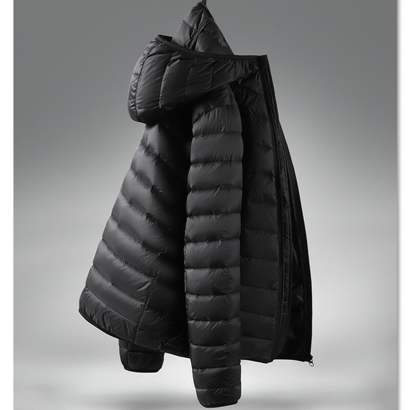 男性用の超軽量フード付きダックダウンコート、ふわふわジャケット、男性用ポータブル、防風暖かいパーカー、男性用衣類、5xl、6xl、冬