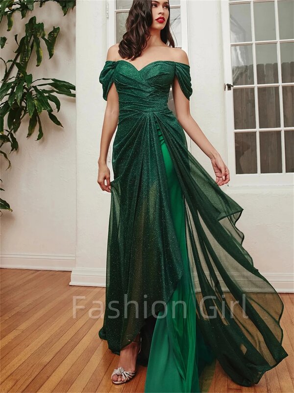 Shiny Off The Shoulder Prom Dress Elegant Sleeveless Evening Dress Classic A-Line Floor-Length Gown Custom Vestidos De Novia