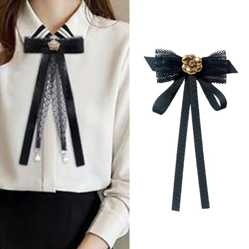ربطة عنق دانتيل عتيقة مع دبابيس كاميليا قابلة للتعديل بروش مجوهرات فرنسي XXFD