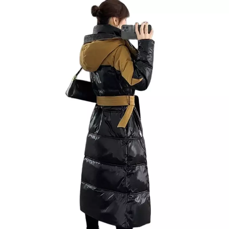 Jaqueta puffer preta brilhante para mulheres, parkas femininas coreanas com capuz, 90% para baixo, outwear longo grosso, casaco de neve novo, inverno, 2023