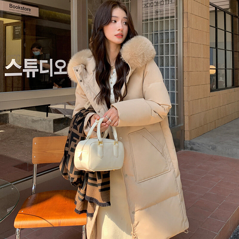 Single Row Leather Buckle Down Jacket for Women Mid Length Knee Length Fox Fur Collar Winter Coat