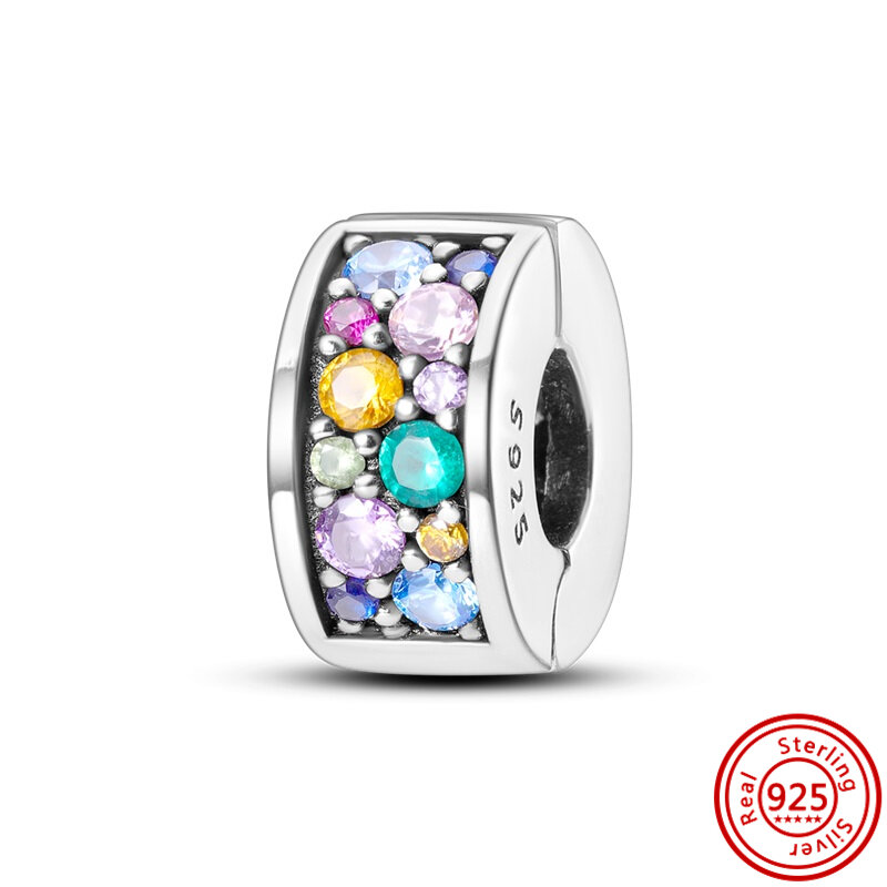 925 Sterling Silver Beads Fit Original Pandora Charms Bracelet Colorful Zircon Star Butterfly Flower Feather Clover Clip Jewelry