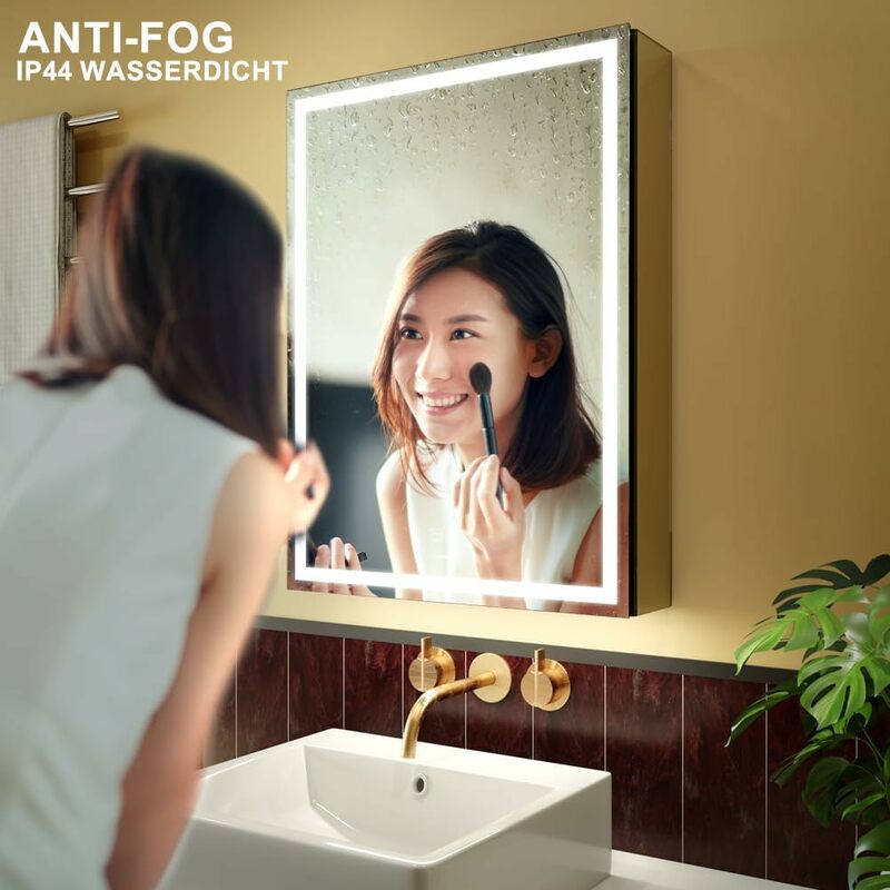 GANPE LED Lighted Bathroom Medicine Mirror Cabinet with Sockets & USBs, Anti-Fog Dimmable Light and Color Adjustment, Antirust