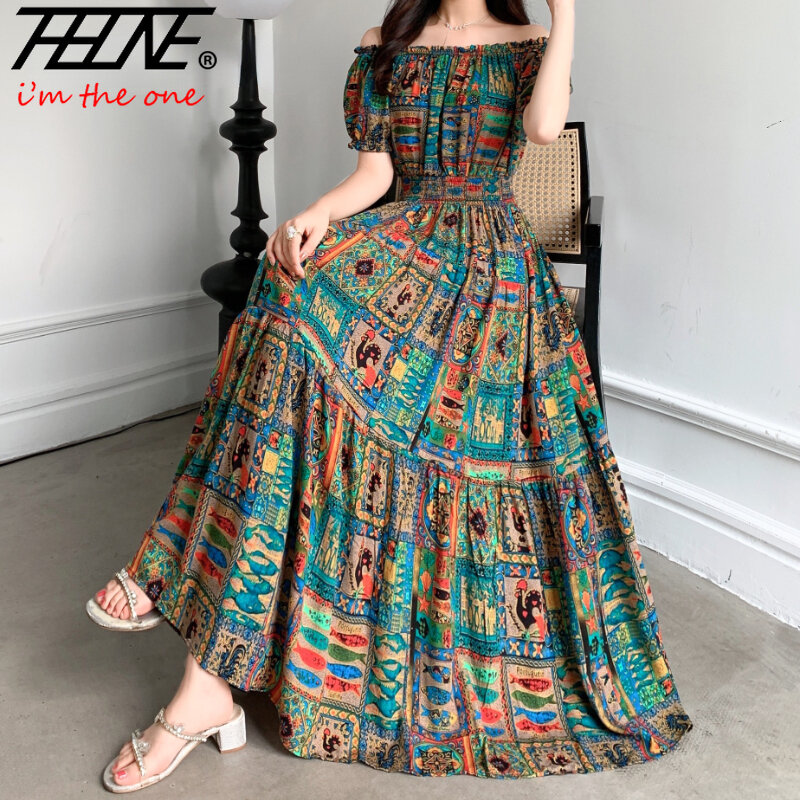 THHONE jubah Vestidos gaun panjang wanita, pakaian India Bohemian katun Linen bunga lengan pendek gaya Korea kasual musim panas