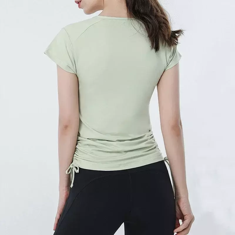 Camiseta deportiva de manga corta con cordón para yoga, blusa de secado rápido para correr, ropa de fitness para verano