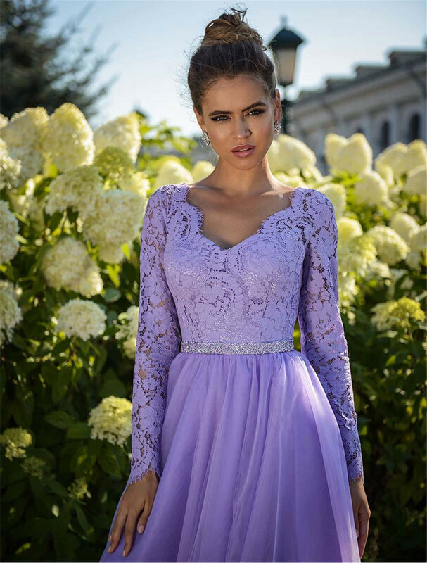 Lilac A Line Tulle Lace Prom Dresses Long Sleeves Corset Women's Evening Party Dress Formal Bridesmaids Gowns Outfits