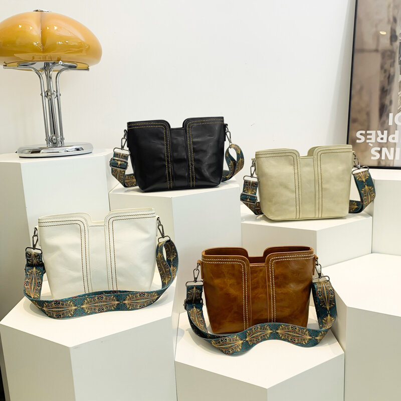 Bolso de mano de cuero Vintage para mujer, bolso de mano de diseñador de lujo, bolso de hombro con correa ancha, bolso de mano informal de marca, bolso de mensajero para mujer