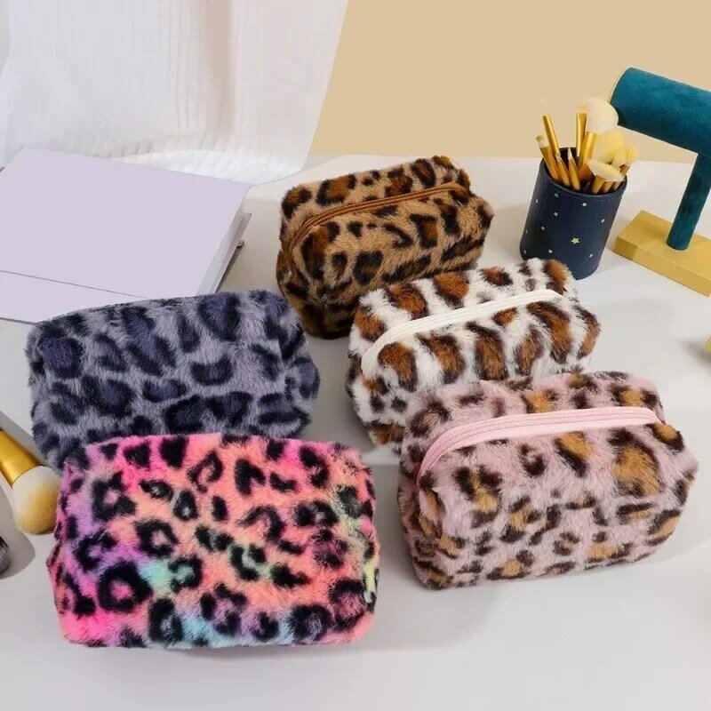 Women's Makeup Organizer Case Travel Toiletries Skincare Product Storage Bag Leopard Print Soft Plush Cosmetic Bag Make Up Bag