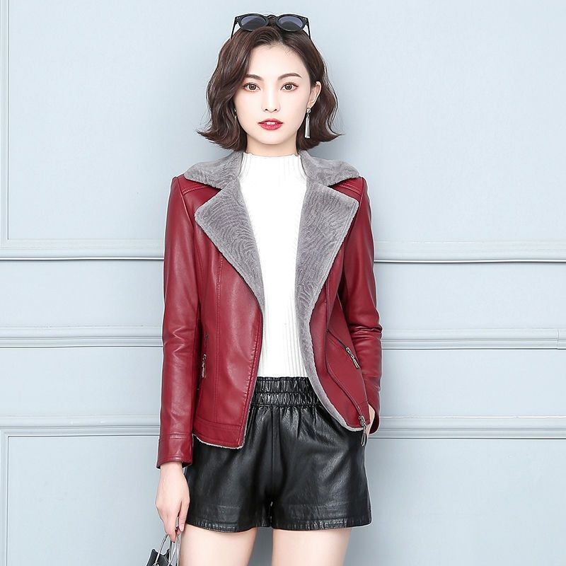 2023 Winter neue Frauen Fleece kurzen Ledermantel koreanischen Stil Slim Fit warme Lederjacke Mode einfarbige Freizeit kleidung