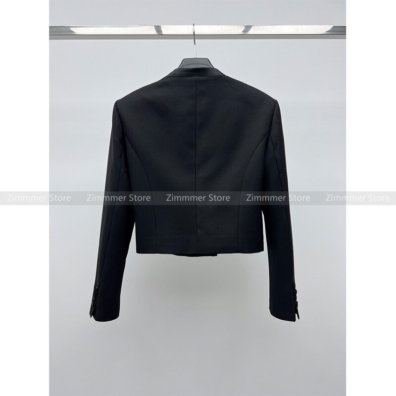 2024 Spring high-end ladylike temperament satin buttoned black short U-neck jacket