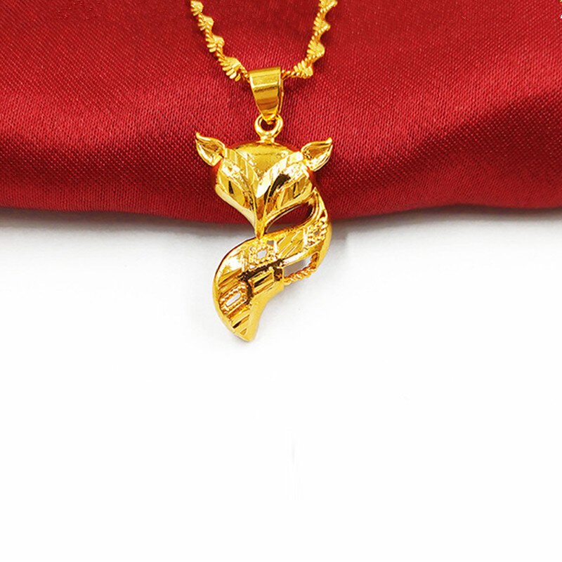 Real 24K Gold Plated Necklace Ladies Fox Head Water Wave Chain Women Jewelry Pendant Choker Birthday Gift