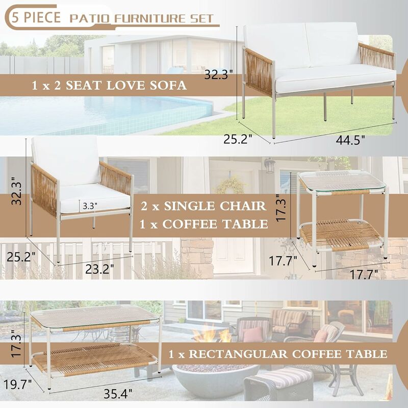 Patio Furniture Wicker Set, Outdoor Patio Furniture Rattan Conversation Set, All Weather Patio Set Loveseat Sofa for Backyard