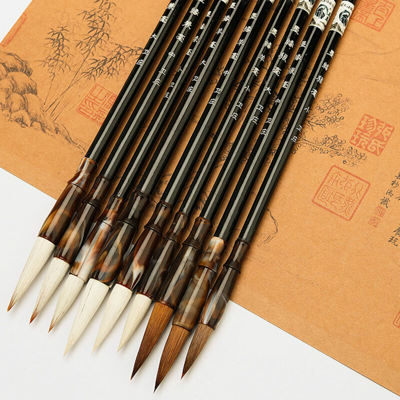 Kuas gambar kaligrafi Cina pena kuas menulis sepasang kuas kaligrafi rambut serigala Asia tradisional Tiongkok