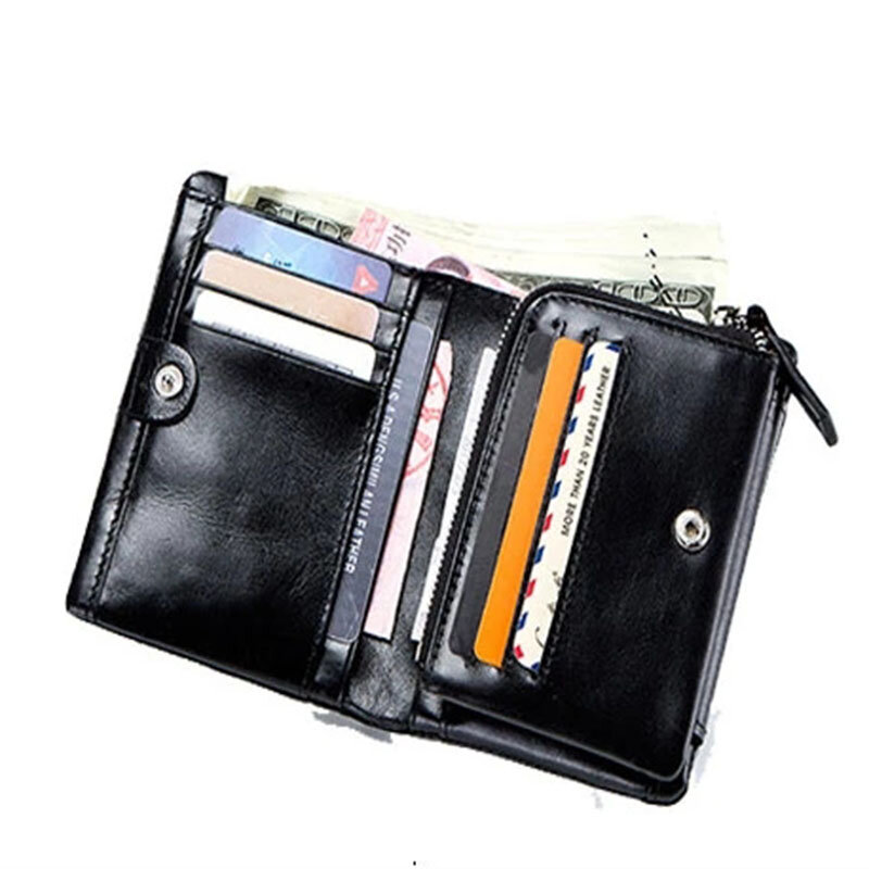 New Men's Wallet RFID Anti Theft Short Zipper Three Fold Business Card Holder Money Bag Purse  Genuine Leather Wallet Male