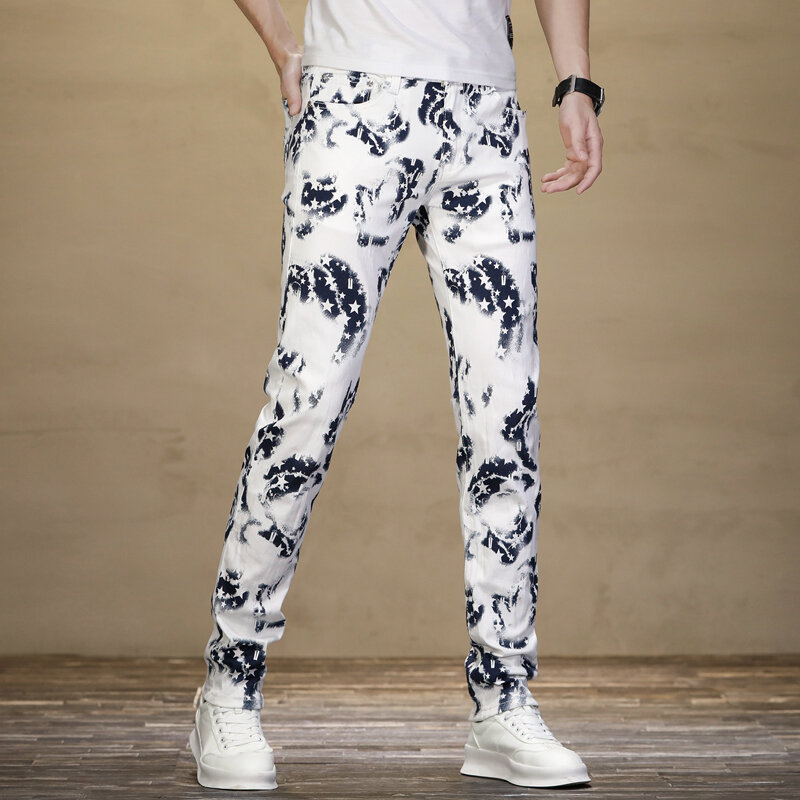Модные индивидуализированные белые джинсы с принтом для мужчин, новые облегающие модные повседневные брюки в уличном стиле
