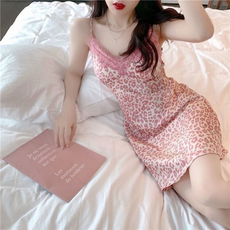 Summer Pink Leopard Print Sling New Fashion Thin Pajama Skirt Sexy Lace Printed Home Clothing Women