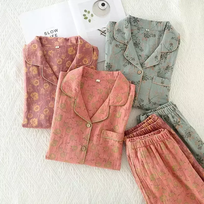 Pantaloni a maniche lunghe da donna nuovi in cotone autunnale indossano pigiami da casa stampati da donna colletto Vintage con fiore primaverile rovesciato