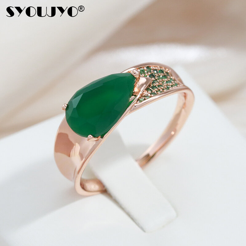 Scoujyo Cincin Opal Hijau Tua Tetesan Air untuk Wanita 585 Cincin Beraspal Penuh Zirkon Alami Perhiasan Mewah Warna Emas Mawar