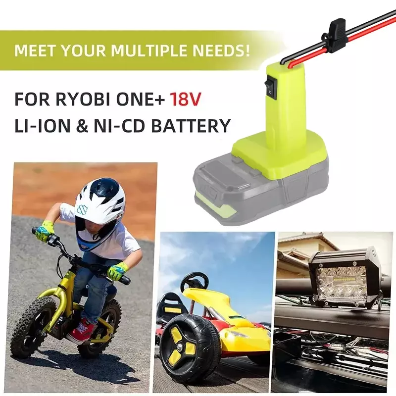 Adattatore per ruote di alimentazione per batteria Ryobi 18V con interruttore fusibile connettore adattatore batteria fai da te per batteria Ryobi 18V Nimh/Nicd/li-ion