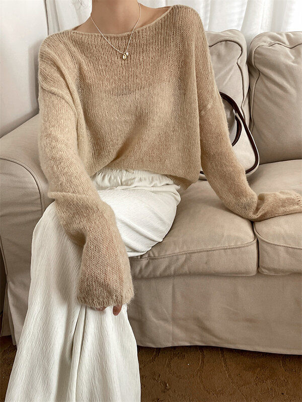 LANMREM 여성용 얇은 니트 스웨터, 긴팔, 단색, 투명 풀오버, 여성 패션 탑, 2024 용수철, 겨울, 2R4360
