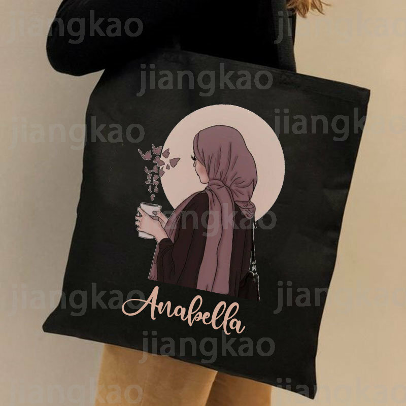 Personalised Hijabi Girl Shoulder Bag Female Travel Canvas Bags Muslim Girls Gifts Custom Name Handbag Harajuku Totes Eid Gifts