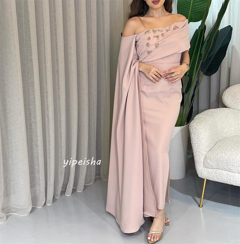 Jersey Beading Draped Pleat Graduation A-line Off-the-shoulder Bespoke Occasion Gown Midi Dresses