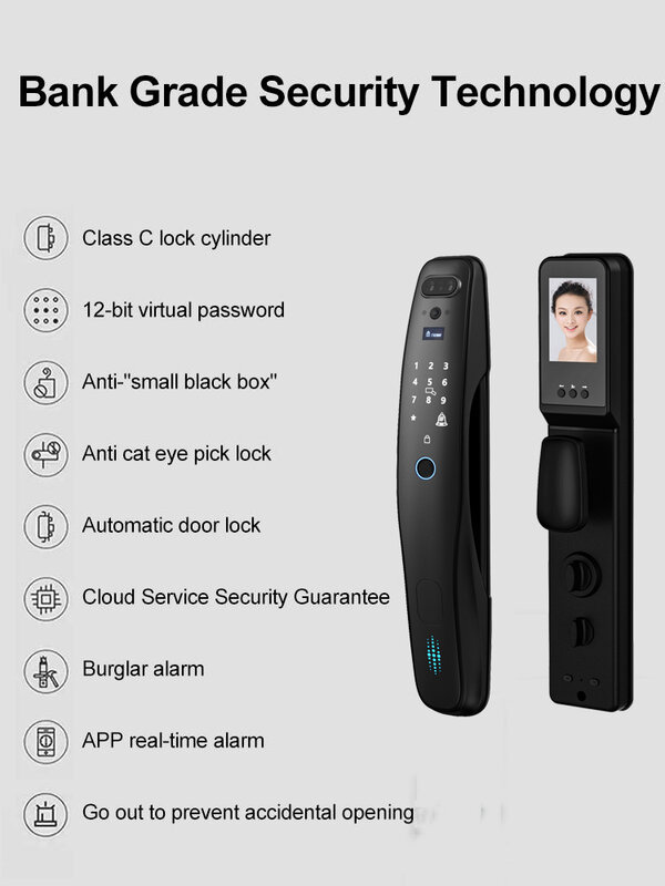 Riconoscimento facciale 3d tuya telecamera di accesso automatico wifi remote intelligent aluminium record video smart door lock