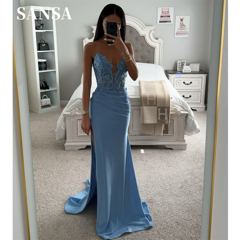Sansa Mermaid Prom Dress Blue Strapless Fishtail Vestidos De Noche Strapless Evening Dresses Lace Embroid Party Dresses