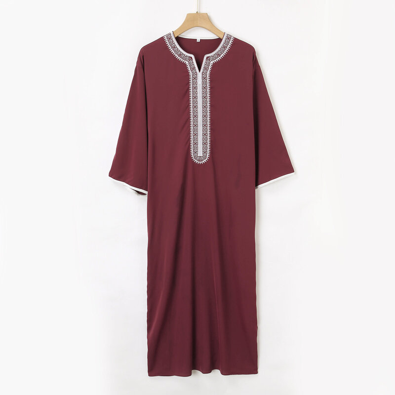 Mens Casual Medium Robe Summer Short Sleeve Embroidered Dark Red Loose Breathable Muslim Robe  Islam Arab Dubai Middle East Robe