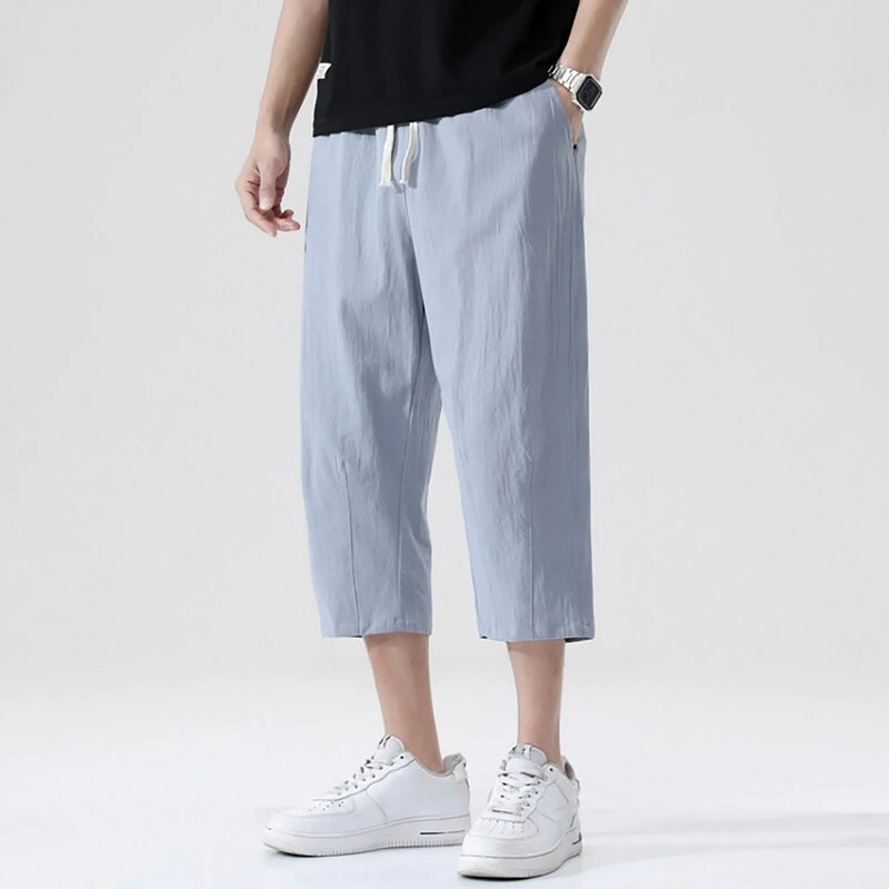 Брюки мужские повседневные из хлопка и льна, универсальные свободные льняные штаны, трендовые прямые штаны в Корейском стиле, 7 точек, лето