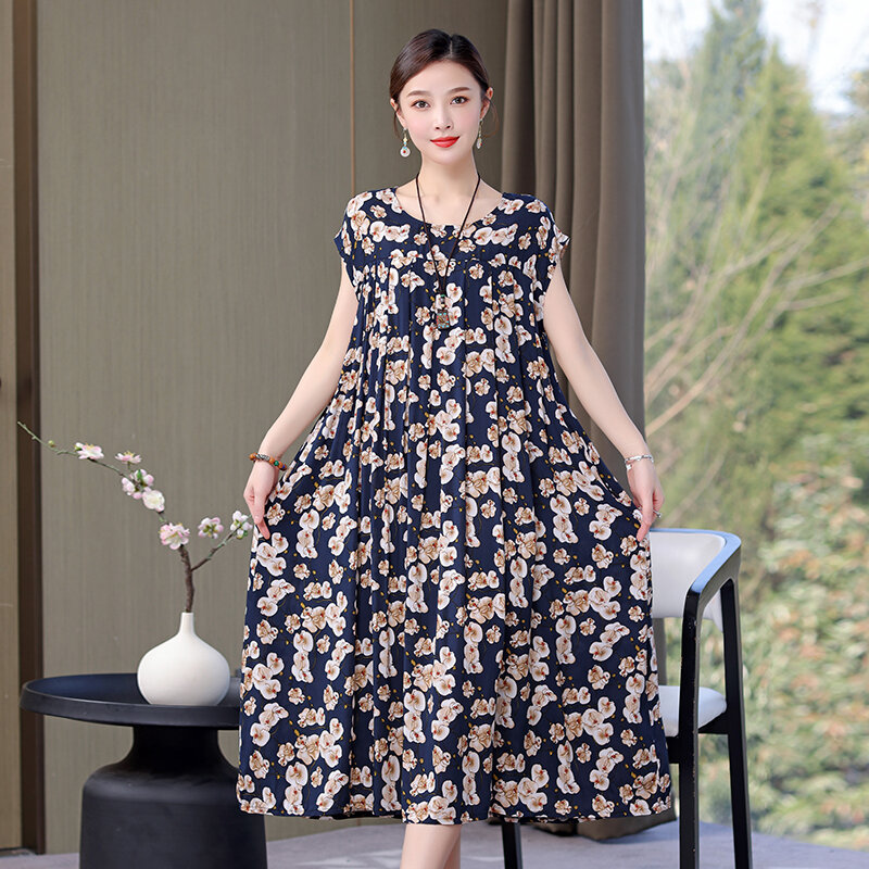 New Hot Fashion Arrival Casual 2024 Summer Dress For Women Print Loose O-Neck Cotton Women Clothing Dresses Plus Size
