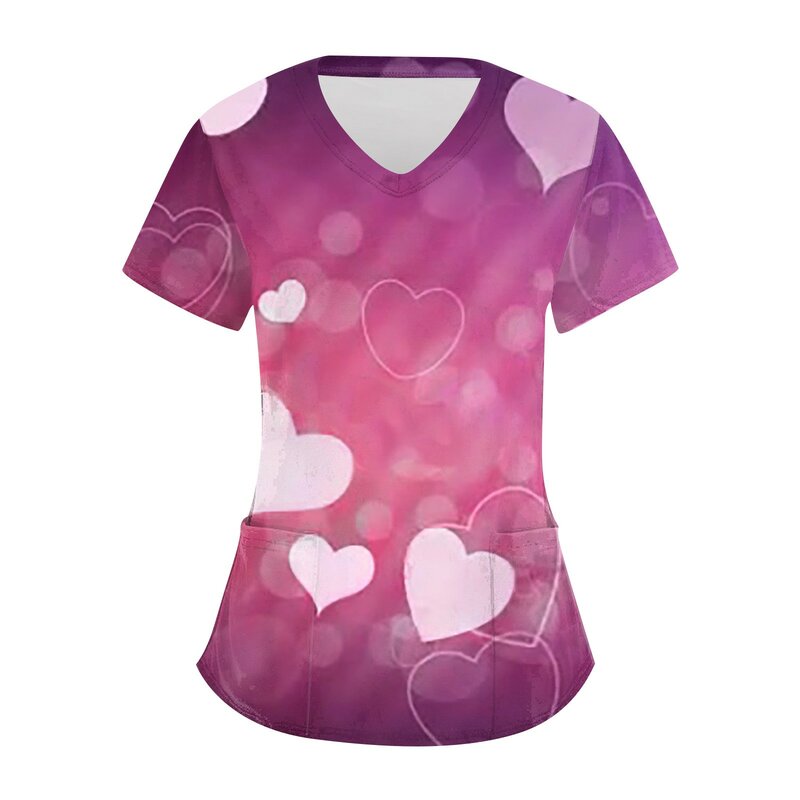 Women's Valentine's Day Hearts Printed Short Sleeve V-neck Tops Working Pocket Blouse Medical Pocket Uniforms 2023