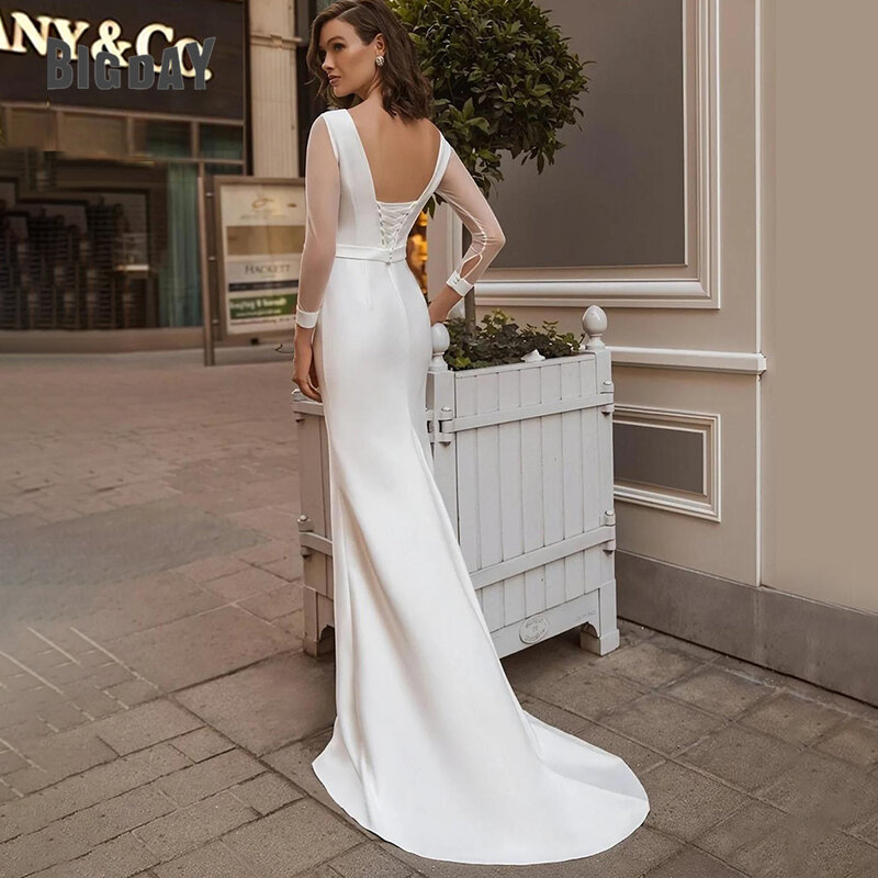 Elegant Long Sleeve Wedding Dress 2024 White Mermaid Open Back Soft Satin Backless O-Neck Bridal Gown  Lace Up Vestido De Novia