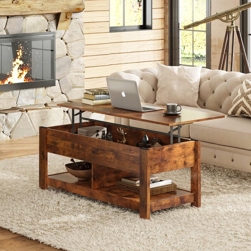 Rustikaler Couch tisch mit Ablage fach und verstecktem Fach Holzlift Tischplatte für zu Hause Wohnzimmer rustikal braun frachtfrei