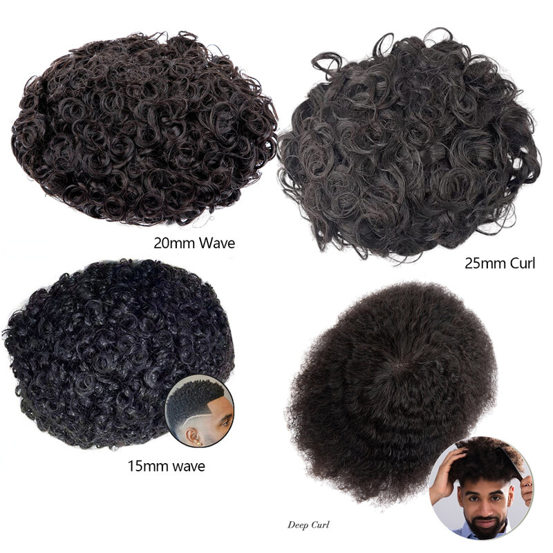 OCT-French Lace Front and PU Base Human Hair Capillary Prosthesis For Men 25mm Curly Hair Replacement System Units Men Hairpiece
