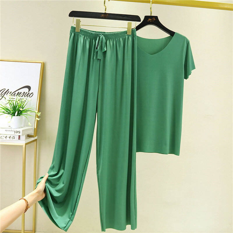 Women's Ice Silk Pajamas 2023 Spring Summer New Two Piece Sets V-neck Short Sleeve T-shirt Thin Home Clothes Wide Leg Pants Suit