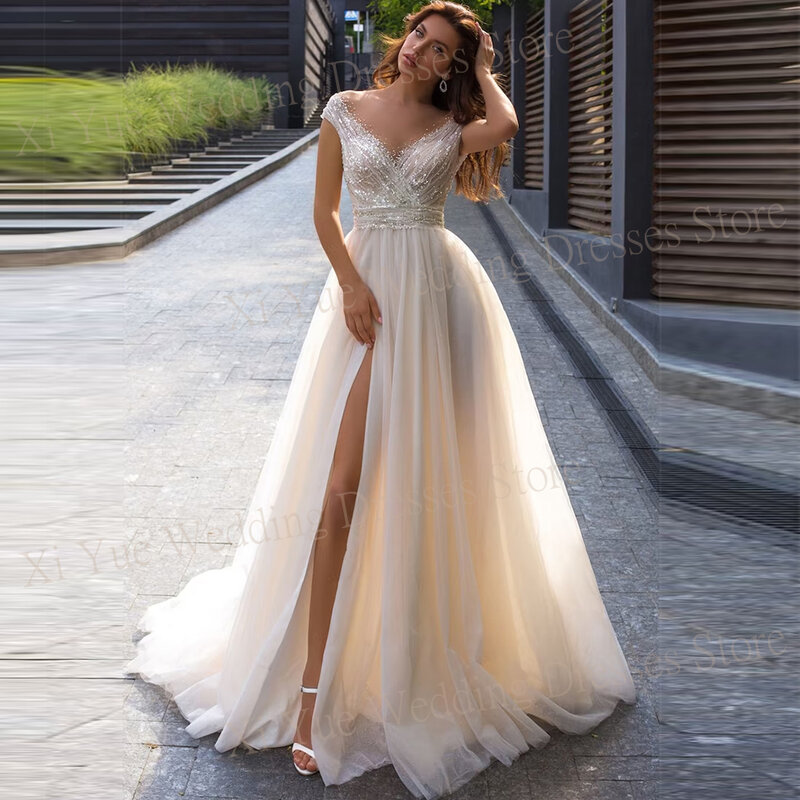 Gaun pernikahan kerah v seksi garis A gaun penutup elegan dengan gaun pengantin punggung terbuka manik-manik Bling 3D tanpa lengan gaun Tulle menyapu kereta