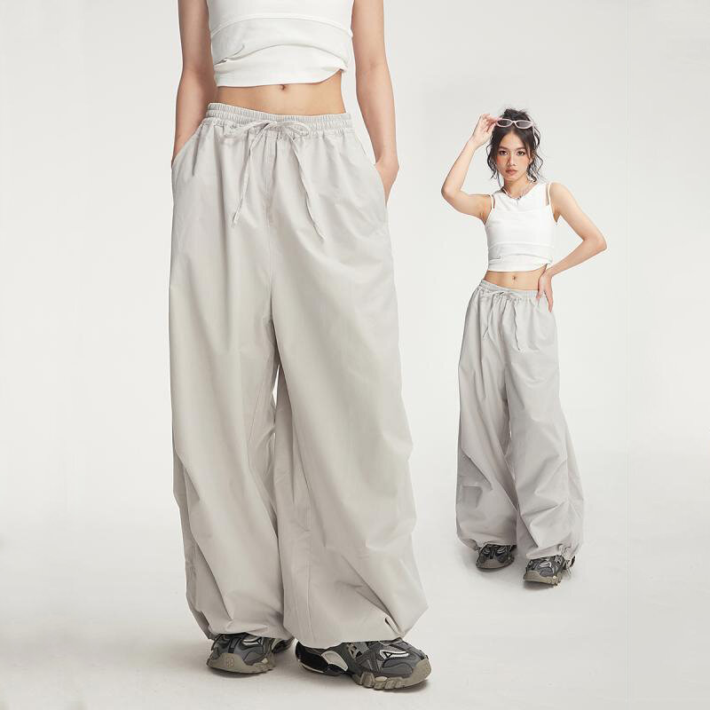 American Trendy Loose Wide Leg Workwear Pants Women Solid Elastic High Waist Drawstring Pockets Spring Casual Straight Trousers