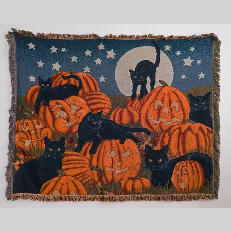 Halloween Black Cat Knitted Blanket For Beds Sofa Towel Full Cover Sofa Blankets Autumn Winter Picnic Mat Throw Tapestry Tassel