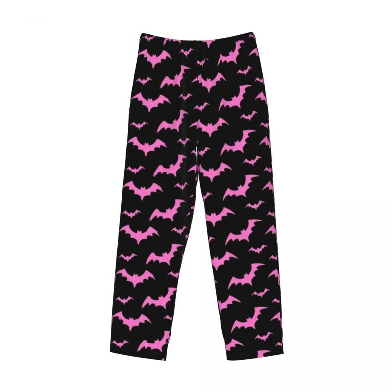 Calça pijama masculina com padrão de Dia das Bruxas, pijamas, lounge, fundo do sono, esticada com bolsos, morcegos rosa assustadores, personalizada