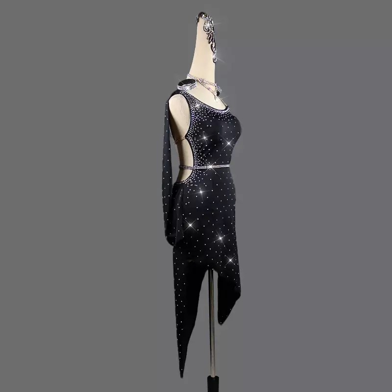 Robe de brevLatine Professionnelle Noire pour Femme, Costume Sexy de Salle de Bal à Strass, Vêtements de Compétition sur Scène