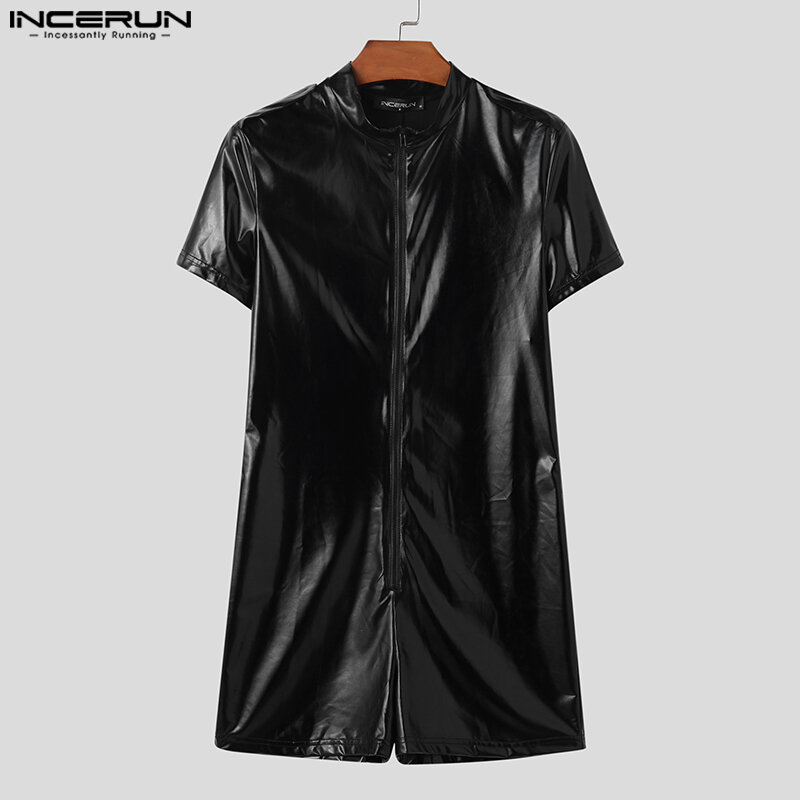 INCERUN 2023 Sexy Style New Men Rompers Fashion Faux Leather Fabric Jumpsuits Casual Homewear Male Short Sleeved Bodysuits S-5XL
