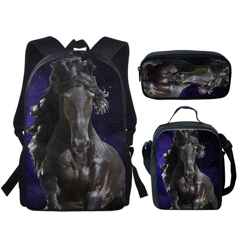 NEW 3D School Bags Black White Horse Print Backpacks For Teenagers Boys Girls 3PCS Set Book Bag rucksuck Lunch bag